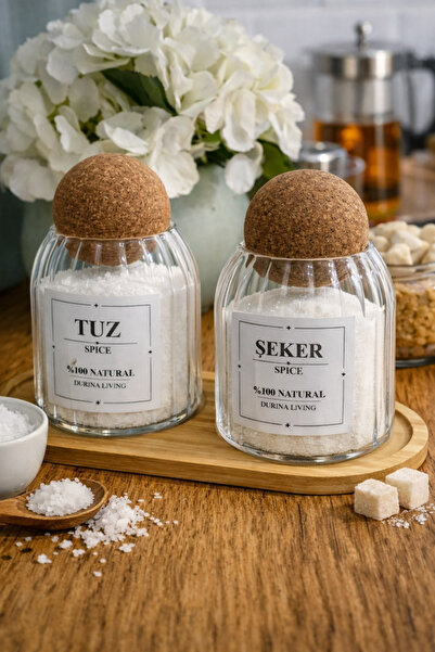 Durina Living Standlı 2’li Mantar Top Kapaklı Cam Şeker Tuz Kavanozu Set Etik...