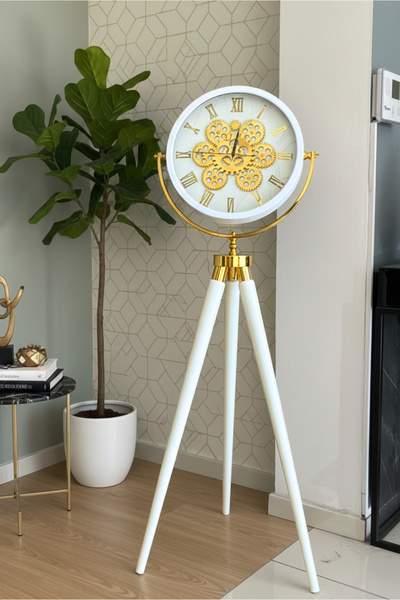 BARALİ Tripod Ahşap Ayaklı Gold Beyaz Çarklı Lüks Dekoratif Saat