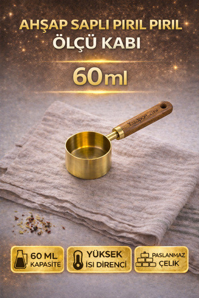 Weisre Ahşap Saplı Gold Ölçü Kabı 60 ml Paslanmaz Çelik Mutfak Ölçü Kabı