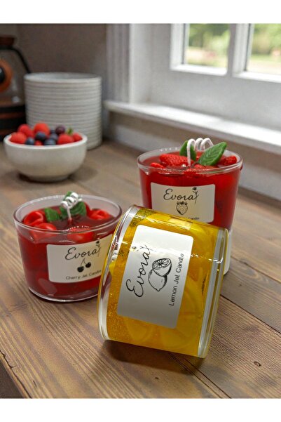 EVORADESIGNE Evora Design 3’lü Reçel Görünümlü Jel Mum Seti – Çilek, Limon & ...