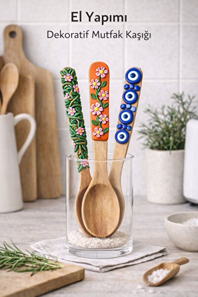 mutfak El Yapımı Nazarlı Ahşap Salata Kaşığı – Polimer Kil Süslemeli Dekorati...