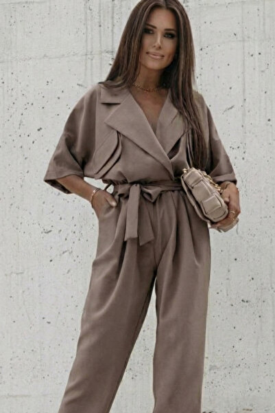 OLSAMODA Women's Shirt with Pocket Detail and Belted Shirt Collar Tulle Jumpsuit