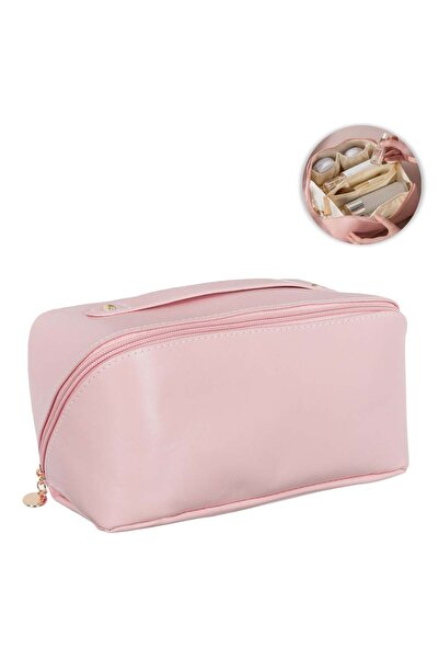 OEM Pink Makeup Bag with Handle 2 Compartments & Diagonal Zipper 27x12x12cm