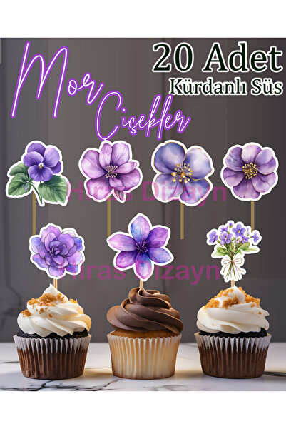 Hiras Dizayn 20 Adet Mor Çiçekler Kürdanlı Süs Seti Cupcake Pasta Kurabiye Ko...