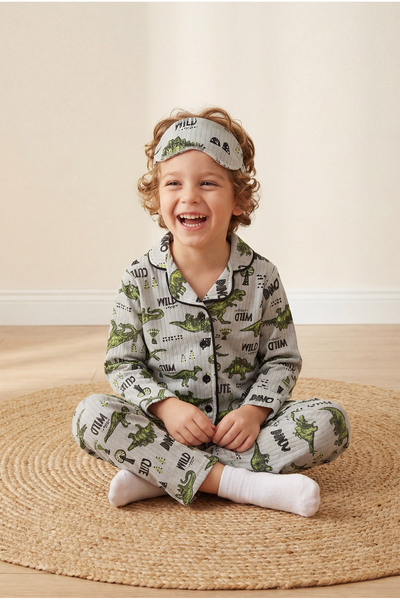 Mixima 3–10 Yaş Dinazor baskılı Fitilli Çocuk Pijama Takımı | Göz Bantlı | Ra...