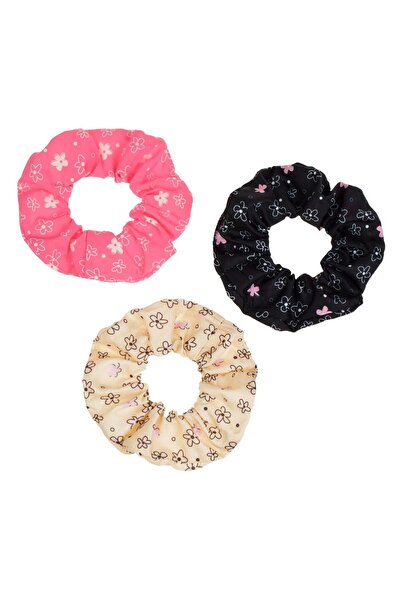 OEM Textile Hair Elastics Fuchsia Black Beige Flowers for Children - 3pcs
