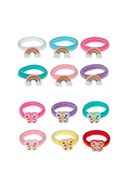 OEM Colorful Rainbow Glitter & Butterflies Terry Hair Elastics for Kids - 12pcs