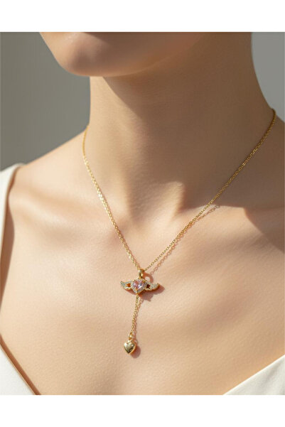 staınless steel Kadın Paslanmaz Çelik Zirkon Taşlı Melek Kanatlı Kalpli Kolye...