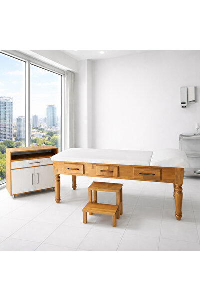POLOMED SAĞLIK Polomed Ahşap Muayene Masası Seti | Basamak + Etejer Dahil | K...