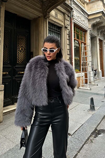 XXL BUTİK Women's Anthracite Soft Textured Short Faux Fur Coat Esr008