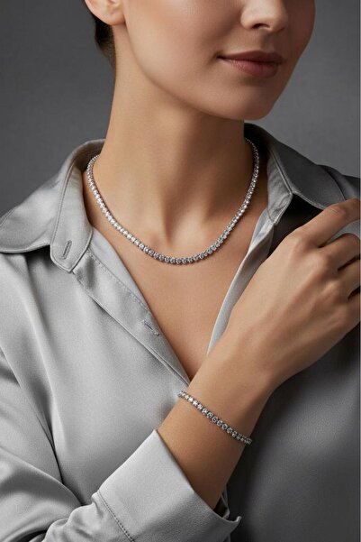 Valmont Accessories Zarif Taşlı Su Yolu Kolye ve Bileklik Seti, Düğün, Kına, ...