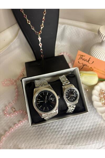 AYLORA'M Gümüş Renk Çelik Kordon Siyah Kadranlı Çift Saat Seti - Taşlı Kadın ...