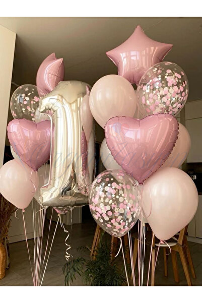 Organizasyon Pazarı Silver Number 1 Balloon Set Pink Heart Star Confetti Birt...
