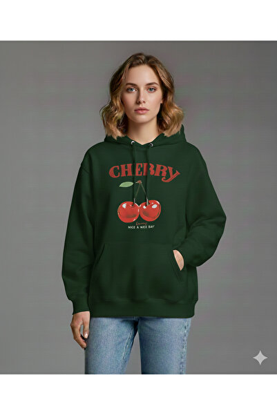 ALİ.COM Cherry-Happy Printed Hooded Pocket Cotton Oversized Unisex Thick Wint...