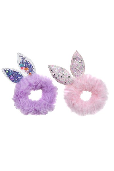 OEM Purple Pink Faux Fur Hair Ties with Sequin & Confetti Ears - 2pcs