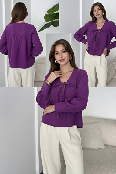 papillion Kadın Müslin Kumaş Mor Bluz