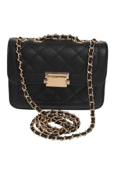OEM Poseta Crossbody Neagra cu Model Romburi & Lant de Culoare Aurie 17x6x13cm
