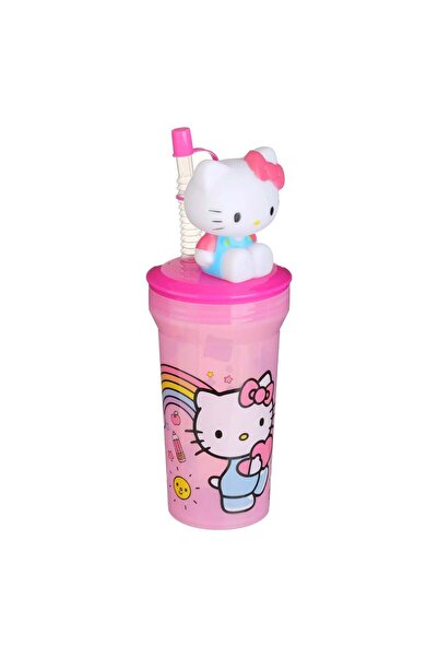 OEM Pahar din Plastic Roz cu Pai & Model 3D Hello Kitty 400ml