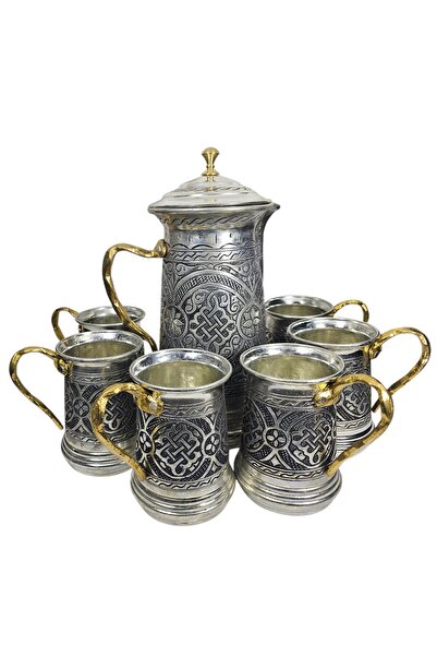Zinnun El Yapımı Bakır Oyma Sürahi & 6’lı Bardak Seti – Pirinç Kulplu, Eskitm...
