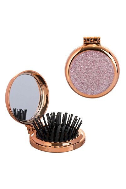 OEM Perie Par Mini cu Oglinda Roz cu Glitter Auriu Ø6.5cm