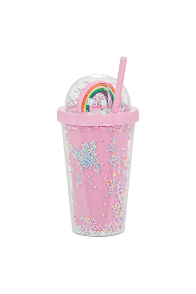OEM Plastic Cup with Lid and Straw Pink Confetti Rainbow 450ml