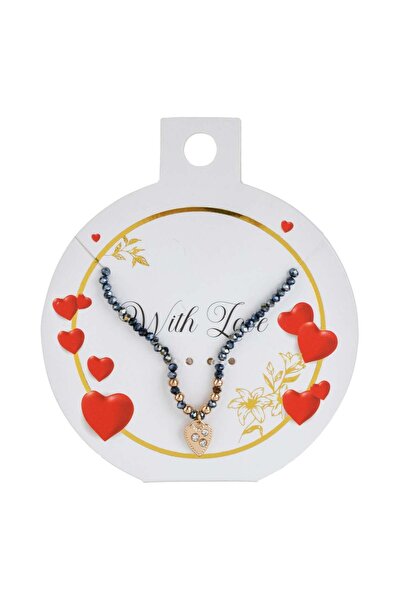 OEM Iridescent Black Beaded Necklace with Gold-Colored Strass Heart for Women