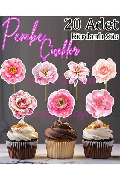 Hiras Dizayn 20 Adet Pembe Çiçekler Kürdanlı Süs Seti Cupcake Pasta Kurabiye ...
