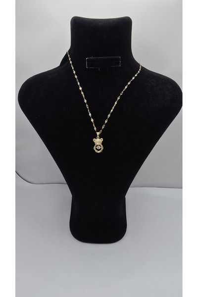 ahsenaksesuar2025 Stainless Steel Gold Color Teddy Bear Model Zircon Stone Ne...