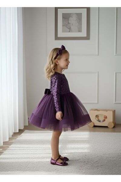 Mixie Birthday Party Evening Dress with Long Sleeves, Sequined Velvet Buckle Gten Skirt