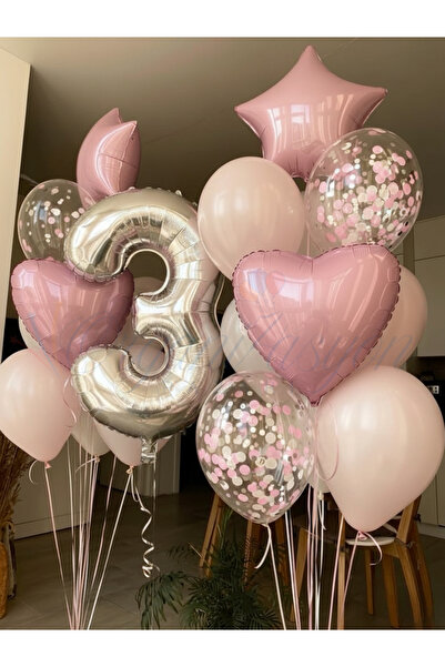 Organizasyon Pazarı Silver Number 3 Balloon Set Pink Heart Star Confetti Birt...