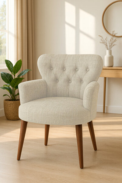 WATERYBROOK Modern Keten Kumaş Berjer Koltuk | Demonte | Ceviz Ayaklı Tekli K...