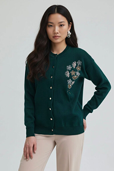 bacc Emerald Green Buttoned Floral Embroidered Winter Knitwear Cardigan Bcvl-...