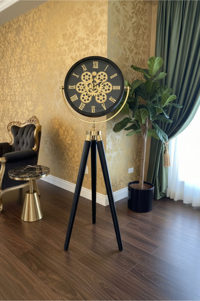 Lareshome Tripod Ahşap Ayaklı Gold Siyah Çarklı Lüks Dekoratif Saat