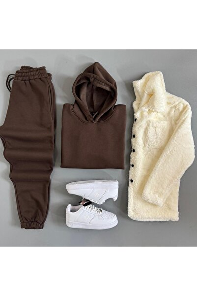 WENMİNG Men's 3 Thread Ş Fleece-Lined Set 3-Piece Combination with Plush Jacket