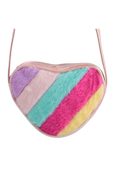 OEM Pink Holographic Rainbow Heart Plush Purse for Girls 17x4x14cm