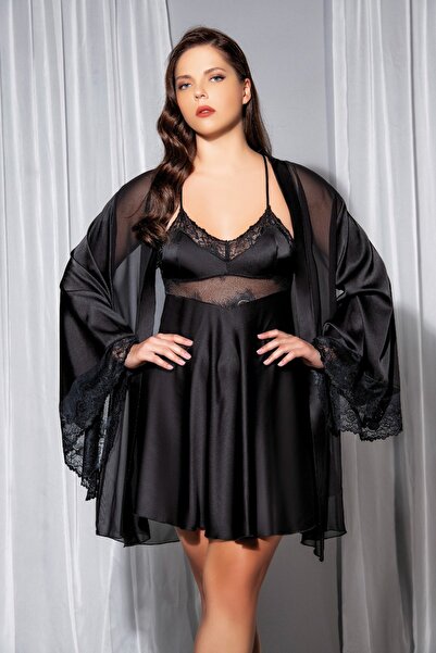 euro click Lace Detailed Black Satin Short Nightgown & Robe Set