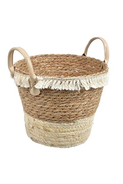 OEM Ecru Beige Woven Basket with Ribbon and Handles Ø23x20cm
