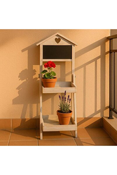 OEM Suport Ghivece din Lemn Alb Vintage cu Doua Nivele & Tabla Neagra 36x29x80cm