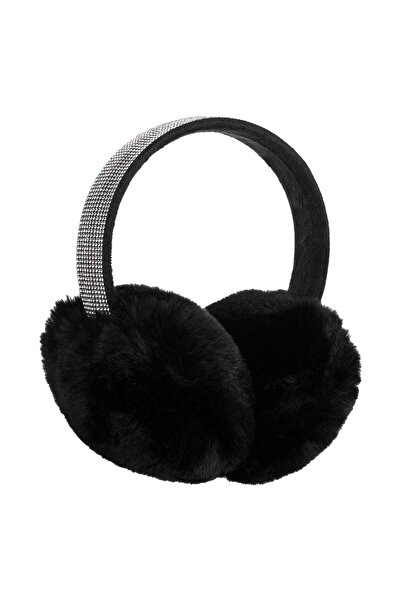 OEM Aparatori Urechi cu Blana Artificiala Neagra & Stras Argintiu pentru Femei