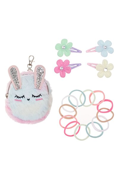 OEM Rainbow Faux Fur Bunny Bag Set 4 Flower Hair Clips & 12 Hair Elastics for...