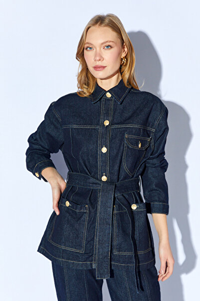 Manche Rins Washed Denim Jacket with Belted Waist and Pocket Detail |   Mkw35...