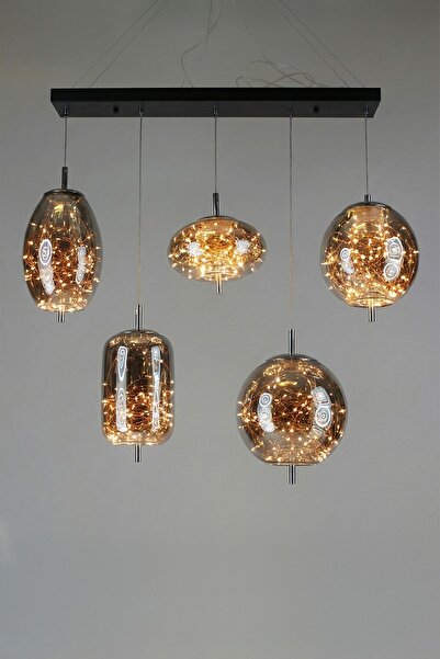 GN GEN AYDINLATMA Modern Füme Camlı Peri Ledli 5'li Sarkıt Masaüstü Avize Gün...