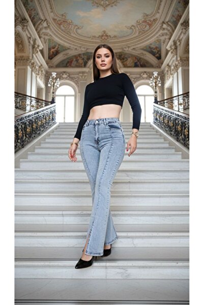 geenz manifacture Lycra Light Snow Blue Front Slit Spanish Leg High Waist Pants