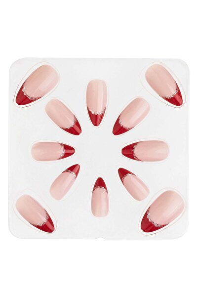 OEM Set of Adhesive French False Nails with Red Tip & Silver Glitter Almond -...