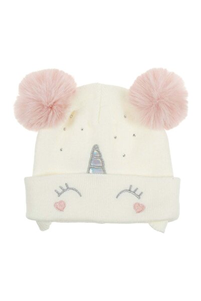 OEM Ecru Unicorn Knitted Hat with Pompom Ears for Girls - 9 Months