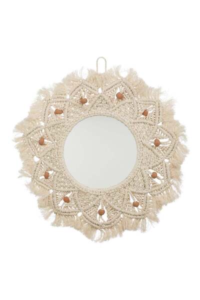 OEM Oglinda Rotunda Bej cu Macrameu & Margele Ceramice Ø45cm
