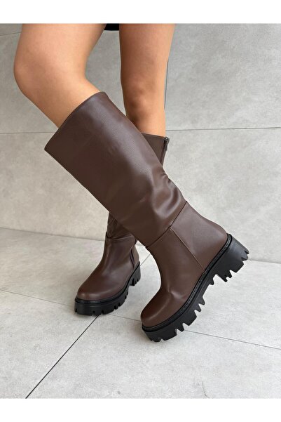 Elvinin Tarzı Dena Bitter Brown Color Thick Soled Extra Wide Women's Boots