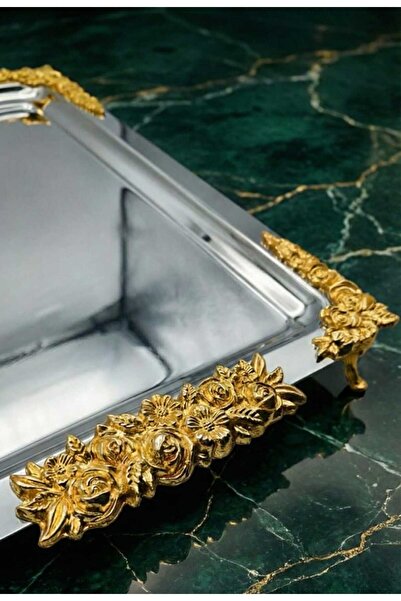 FABRIONA Lüks Aksesuarlı Dikdörtgen Paslanmaz Çay, Kahve, İkram Servis Sunum Tepsisi (Gold/Gümüş) (43*33cm)