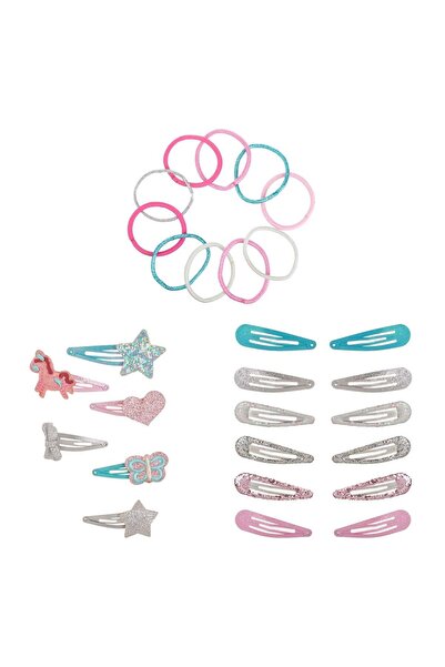 OEM Hair Accessories Set with 18 Glitter Clips & 10 Pastel Color Elastics for...