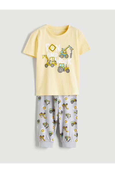 LC Waikiki Yellow Crew Neck Printed Boys Pajama Set
